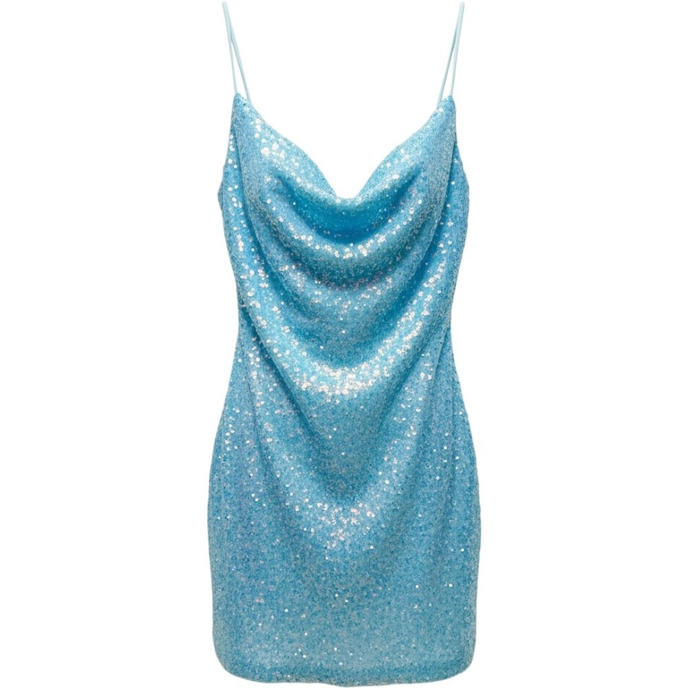 Lucy in the Sky Sequin Cowl Neck Mini Dress S Aqua Blue Homecoming Party EUC